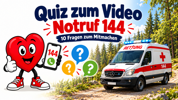Quiz zum Video Notruf 144 mit Onny, Handy und Rettungsauto im Wald.
